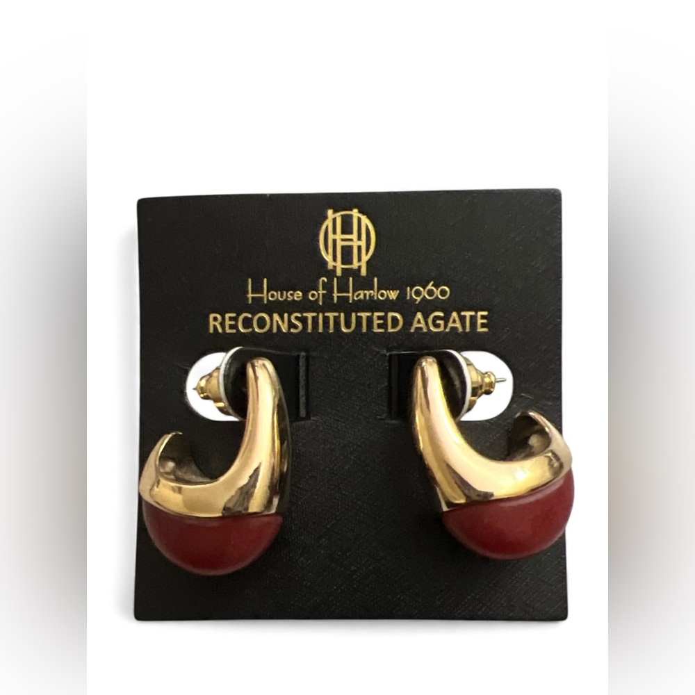 House of Harlow 1960 Gold and Red Reconstituted Agate Hoop Clip Earrings